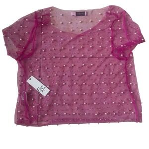 Faded Rose‎ Pink Sheer Mesh Pearl Sequin Embellished Crop Top NWT Large